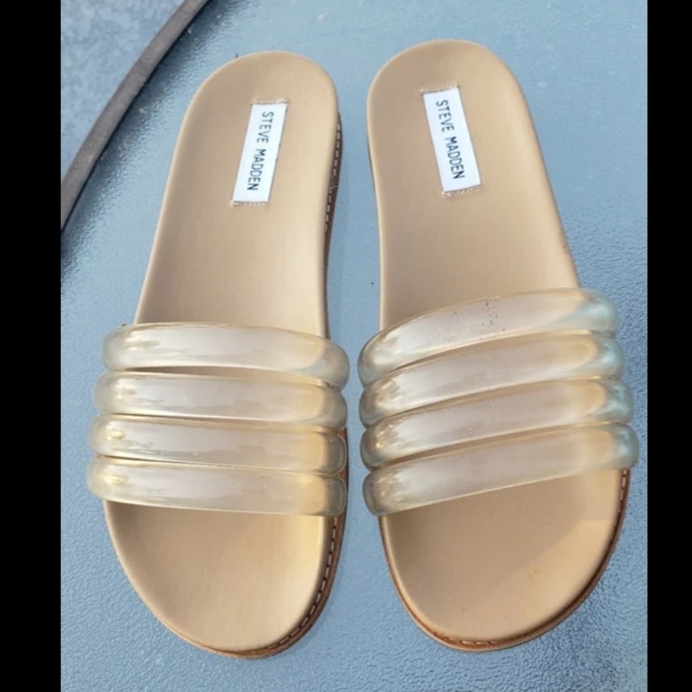 Steve Madden Clear Strap Tan Slide Sandals - Picture 9 of 9